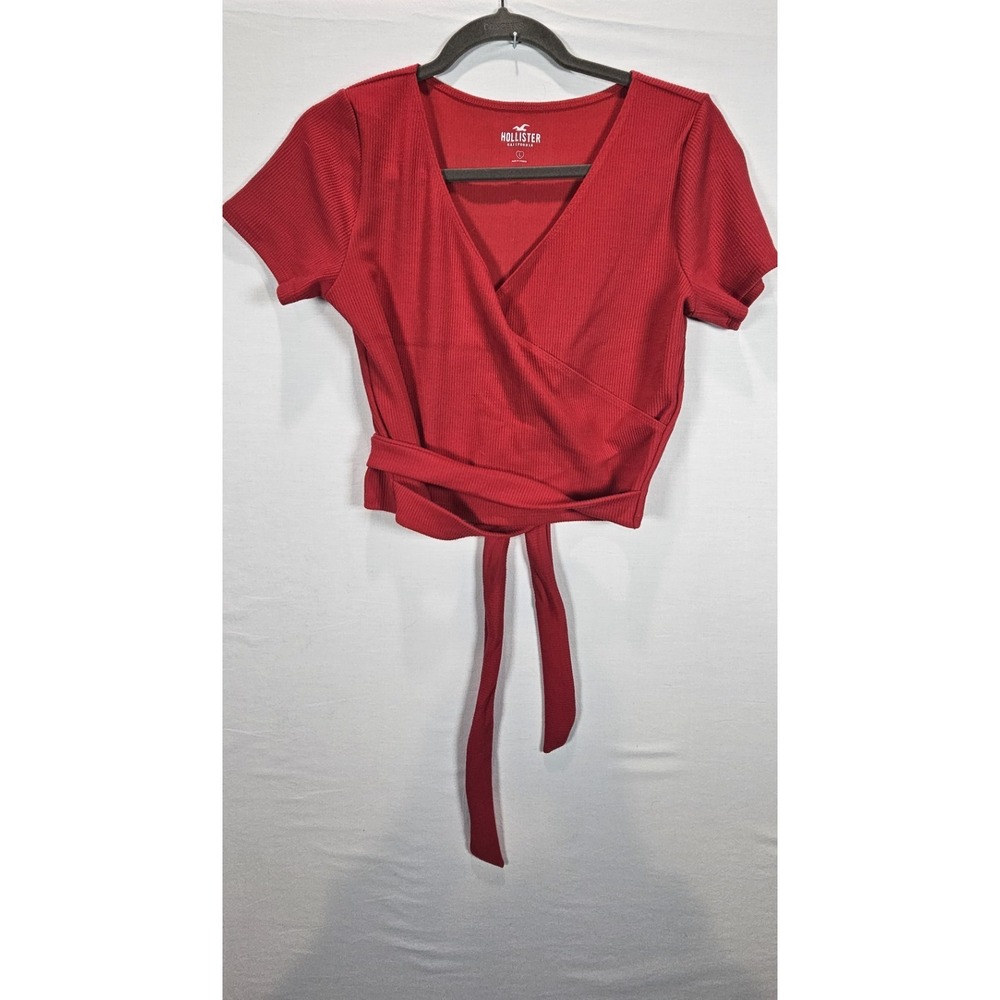Hollister Red‎ Ribbed Wrap Crop Top Tie Waist Short Sleeve Women's L V Neck